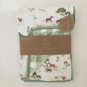 NEW Aspen Baby Reversible Blanket Multi-use Farm Animals Horses Green Checkered